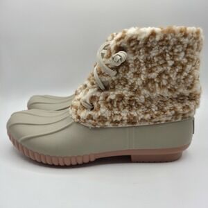Simply Southern Womens Duck Boots Sherpa Leopard Print Taupe Gray Size 7 Cozy